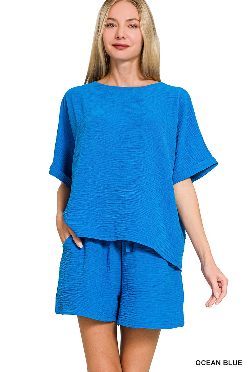 WOVEN AIRFLOW TOP & SHORTS SET