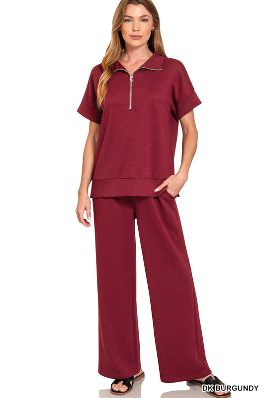 Burgundy Scuba Half Zip Top & Pants Set
