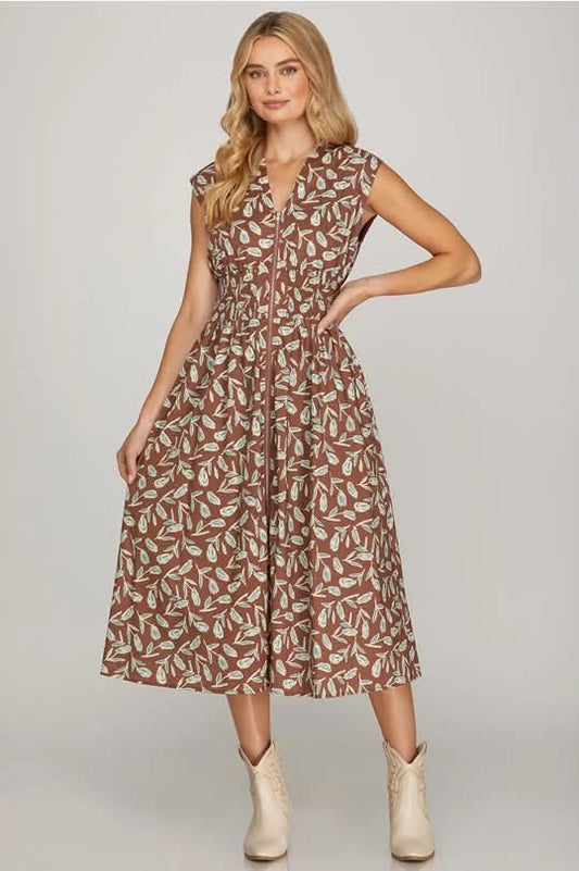 Drop Shoulder Smocked Waist Front Zip Printed Midi Dress with Pockets