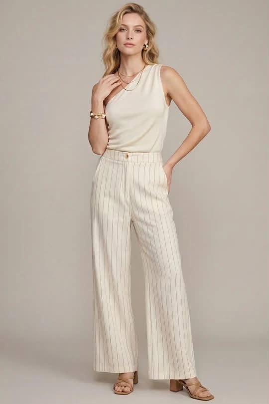 She + Sky Cream Pinstripe Wide Leg Pants