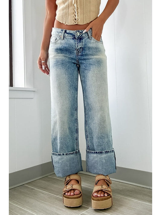 High Rise Cuffed Straight Leg Jeans