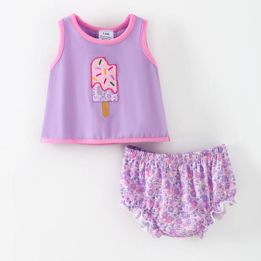 Purple popsicle applique baby girl tank top and floral bloomer shorts set