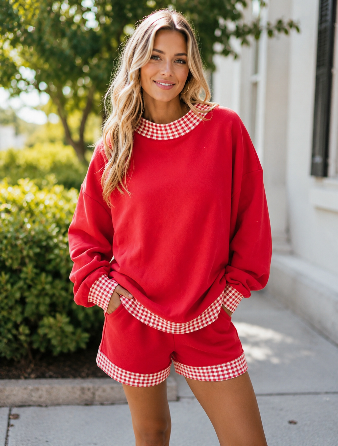 Red Gingham Trim Short Set