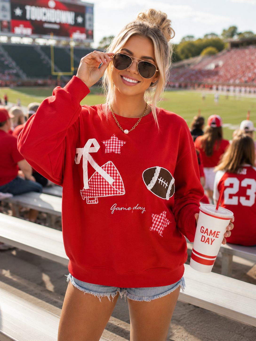 Red Gingham Embroidered Football Game Day Sweatshirt
