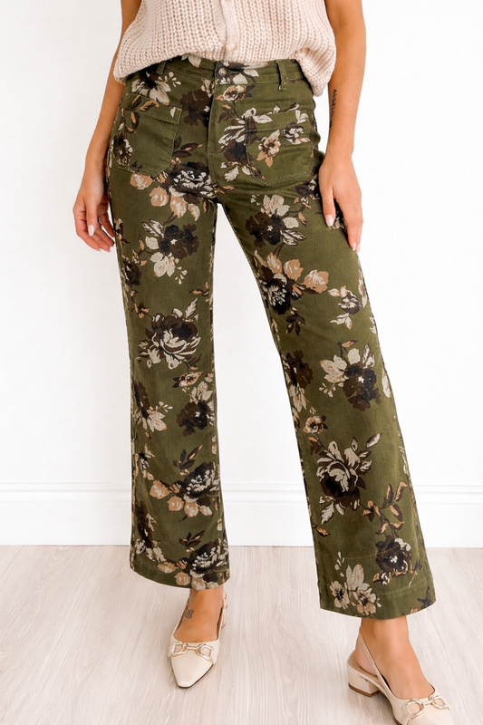 Olive Vintage Floral Patch Pocket Wide Leg Jeans