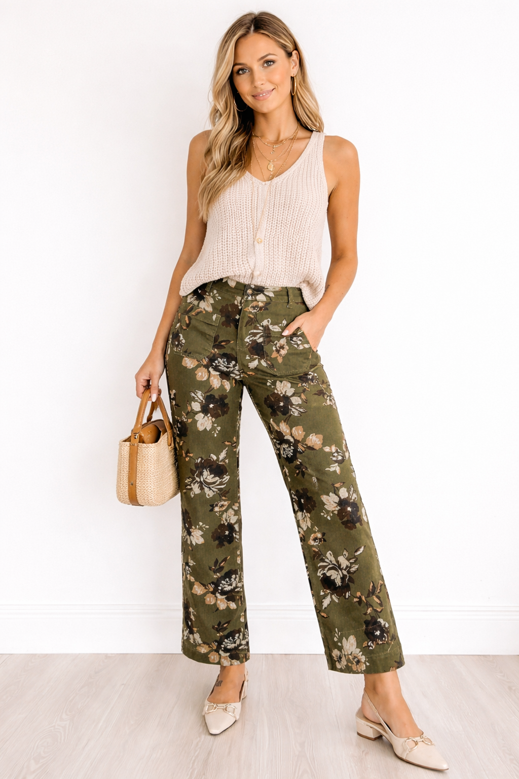 Olive Vintage Floral Patch Pocket Wide Leg Jeans