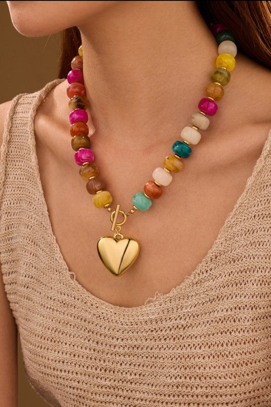 Multi Beaded Heart Charm Toggle Necklace