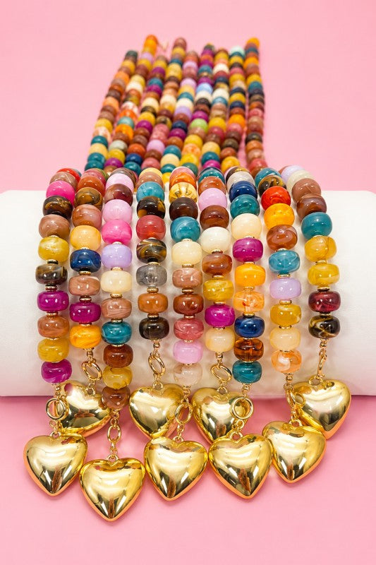 Multi Beaded Heart Charm Toggle Necklace