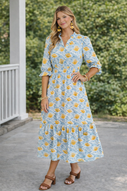Golden Bloom Midi Dress