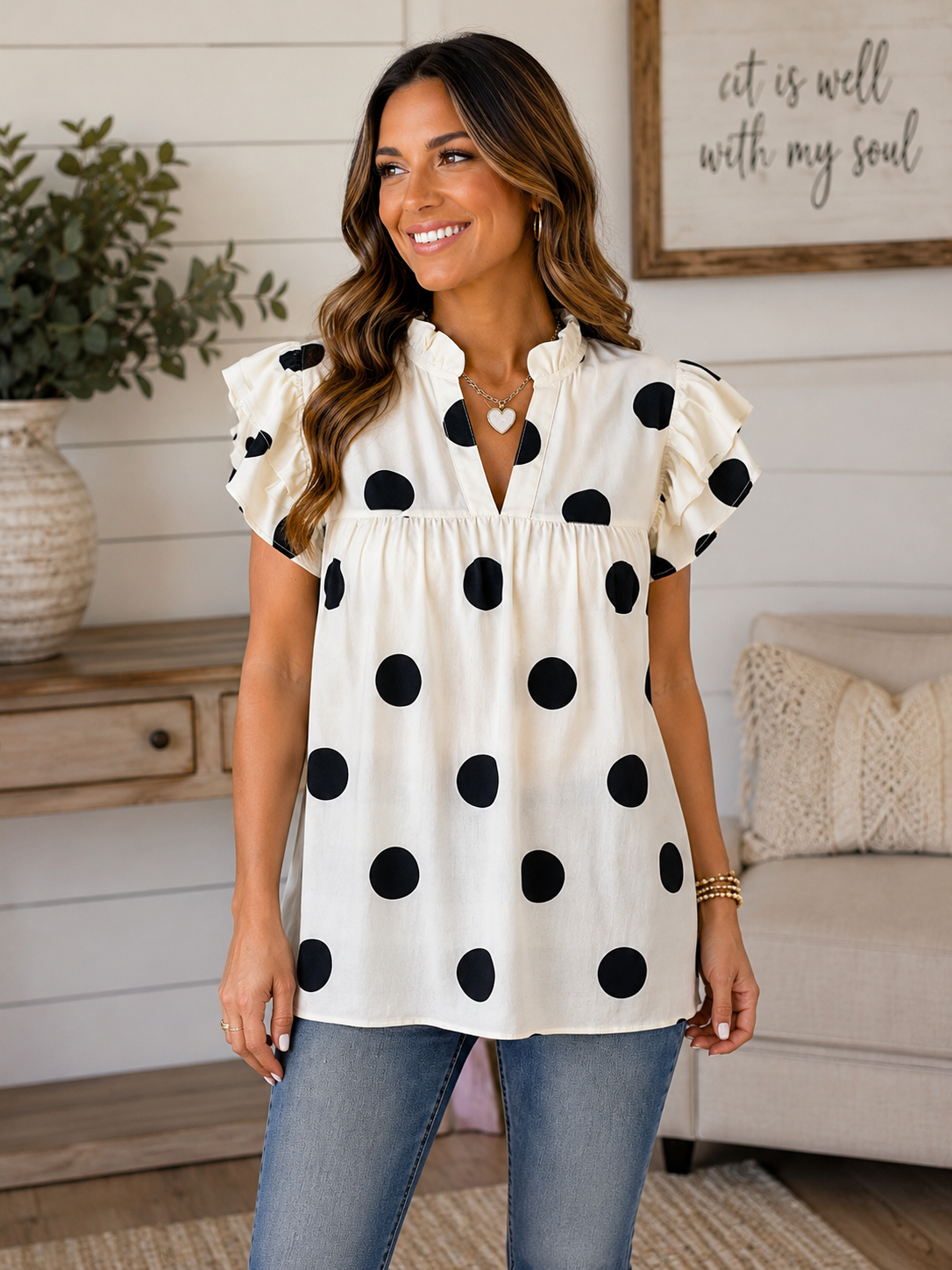Apricot Polka Dot V-Neck Ruffle Short Sleeve Blouse