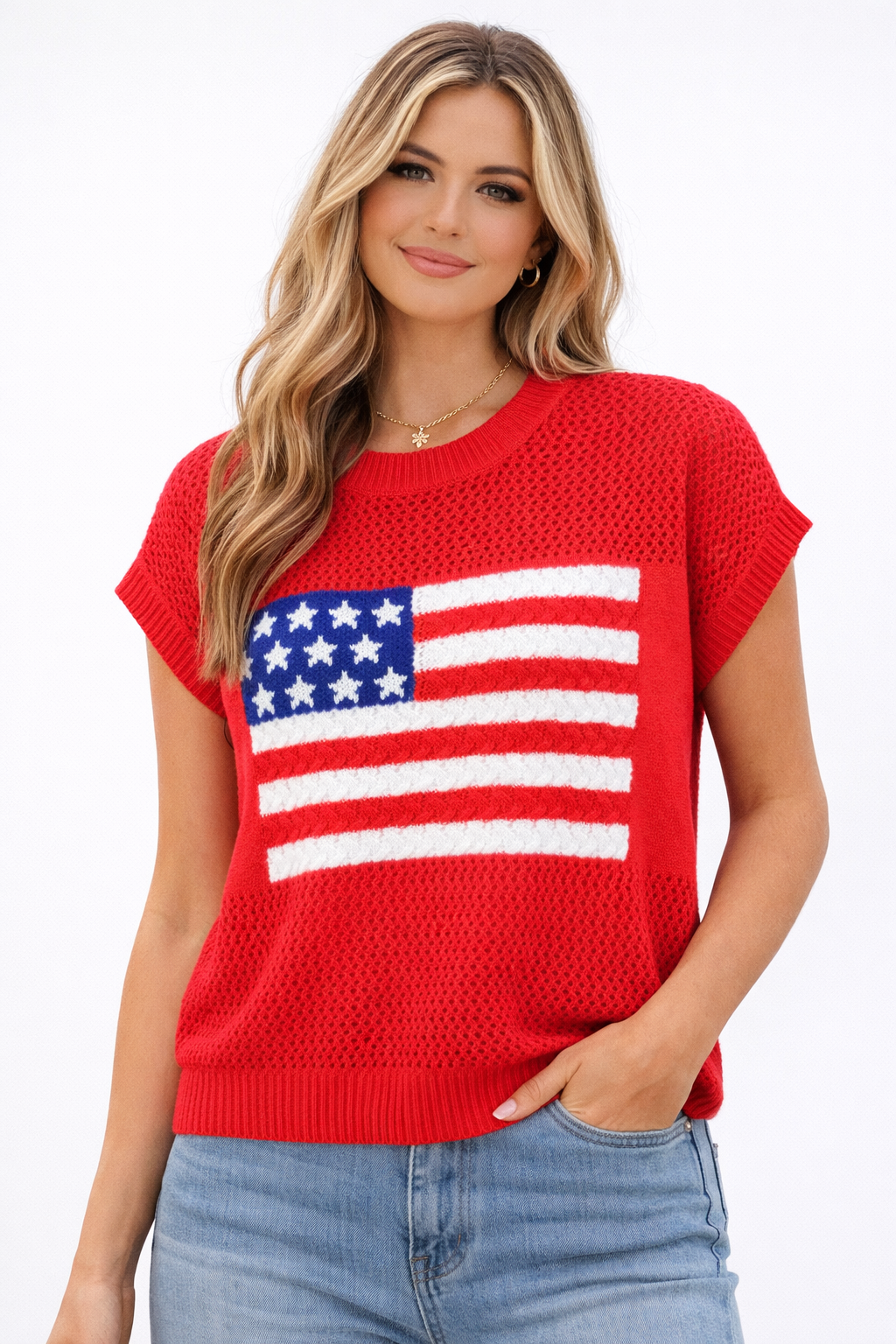 Red American Flag Short Sleeve Knit Top