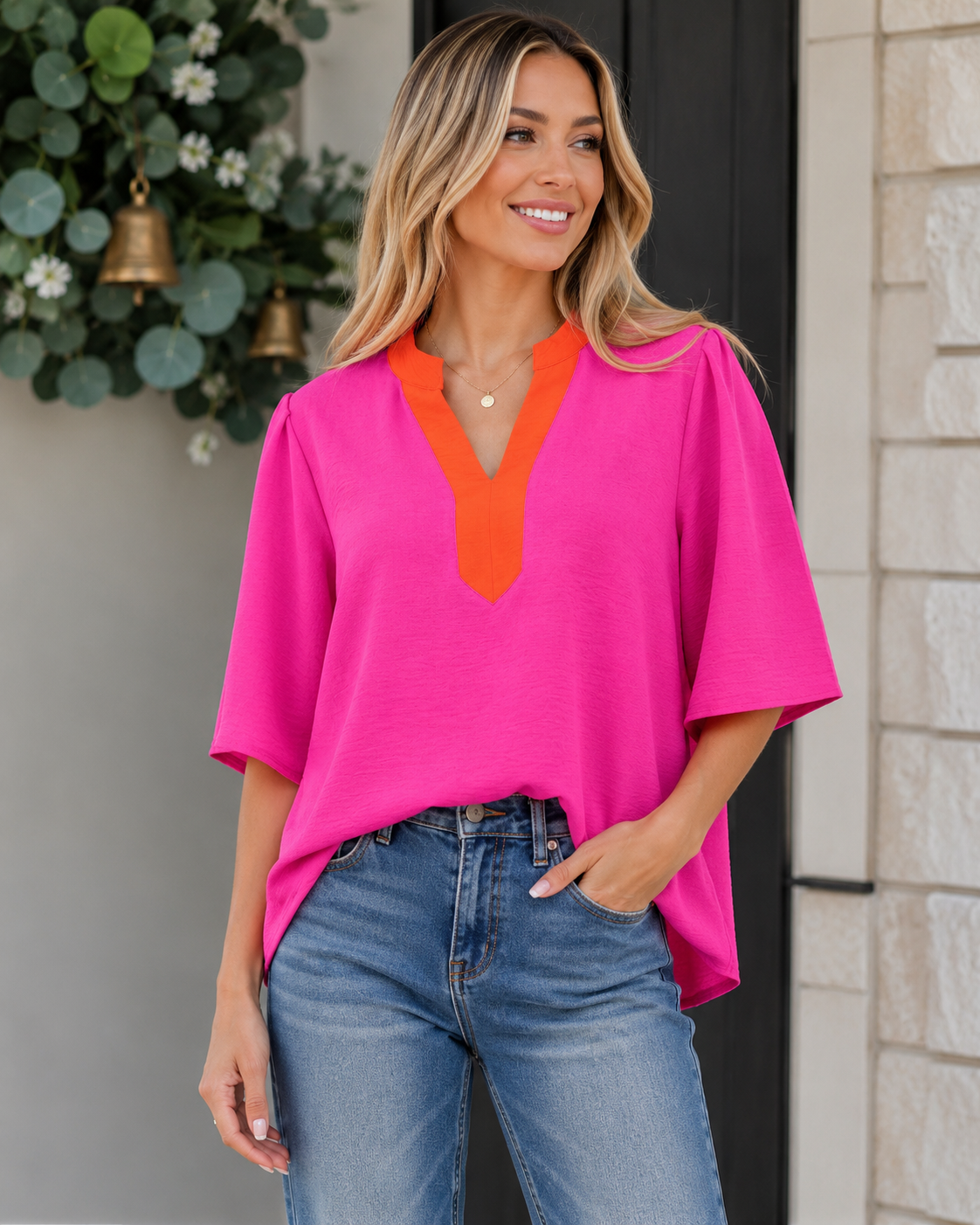 Pink V Neck Short Sleeve Top