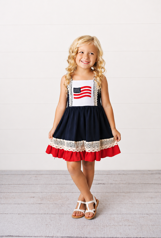 Girls American Flag Lace Ruffle Dress