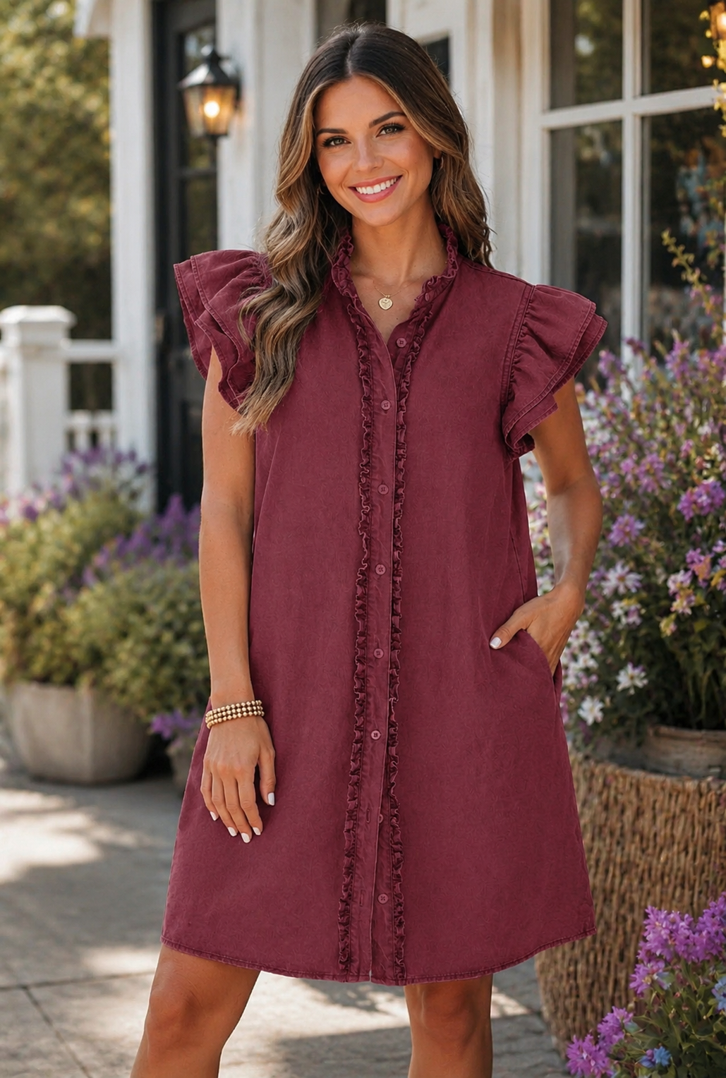 Red Sandalwood Button Down Ruffle Sleeve Denim Dress