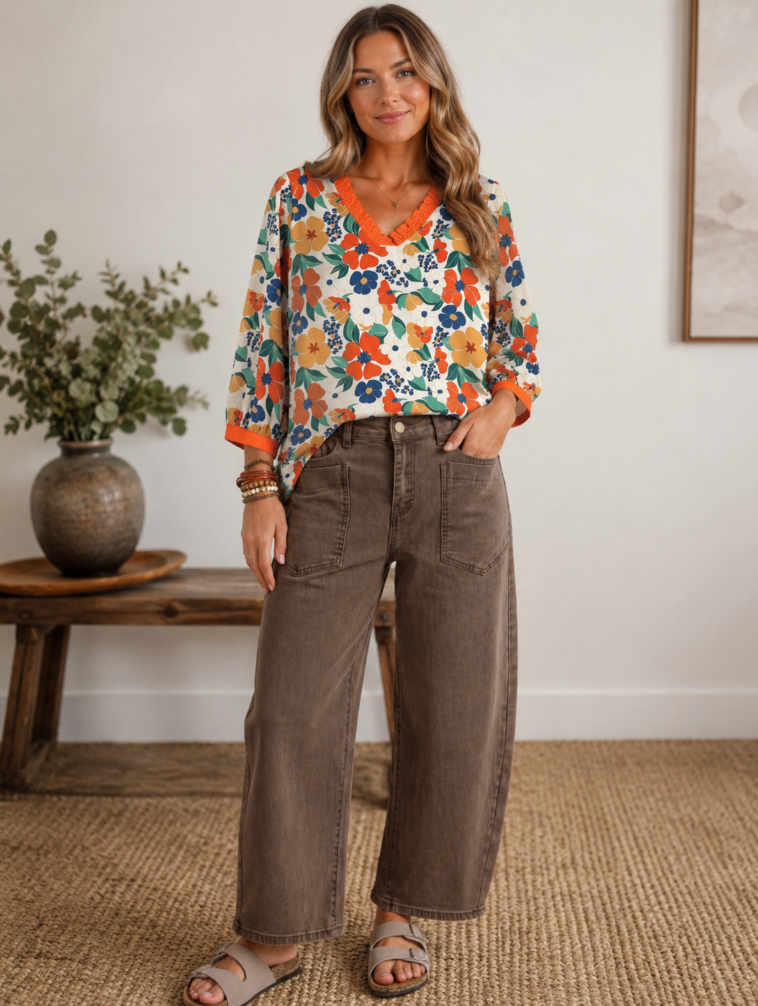 Orange Floral Bracelet Sleeve Blouse