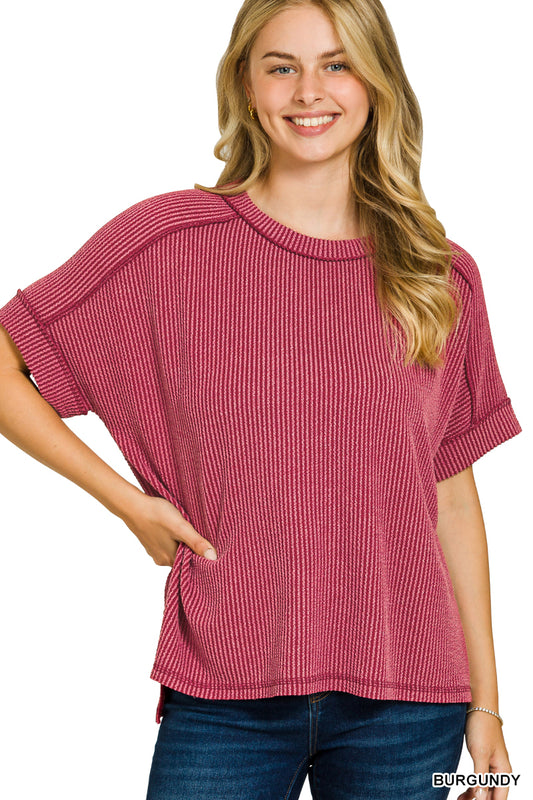 Raised Rib Cuff Raw Edge Top