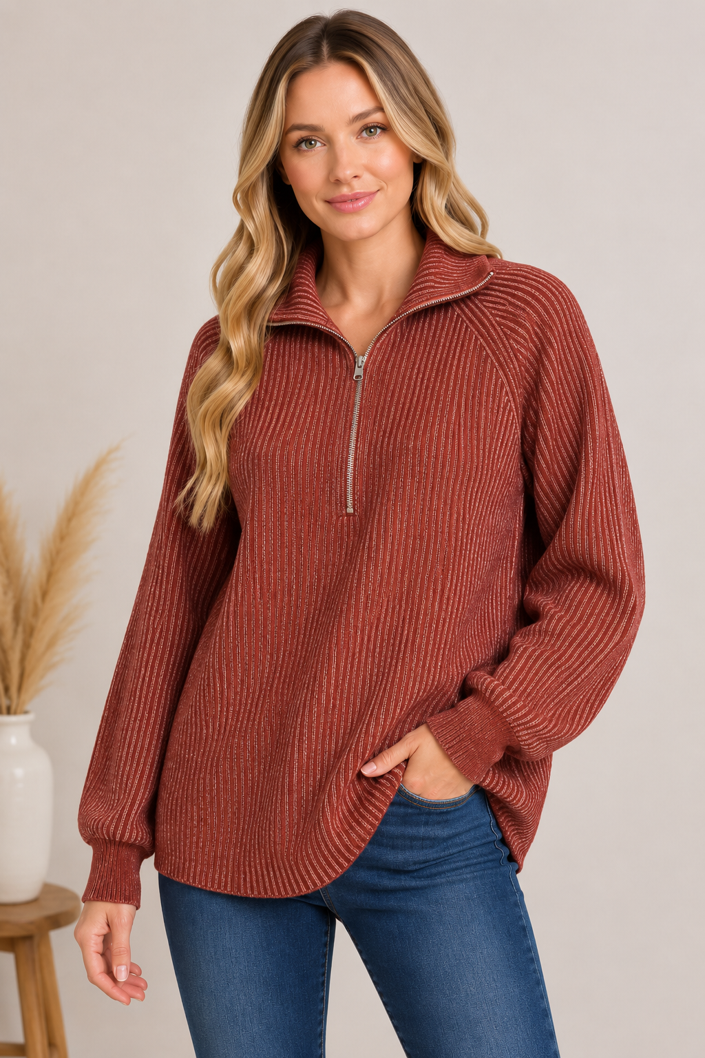 Zenana Ribbed Half-Zip Sweater