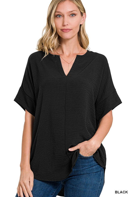 Woven Airflow V-Neck Dolman Short Sleeve Top Black