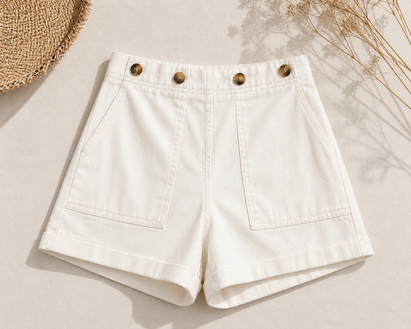 White High-Waisted Button Shorts by JODIFL