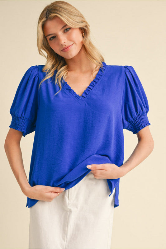 Royal Blue Ruffle Neck Puff Sleeve Top by JODIFL
