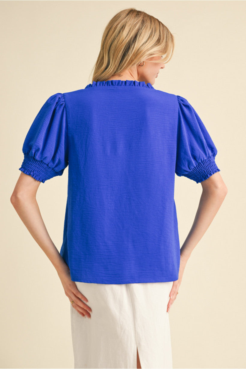 Royal Blue Ruffle Neck Puff Sleeve Top by JODIFL