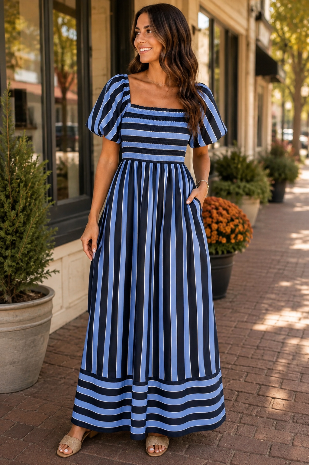 She + Sky Blue Striped Smocked Maxi Dress