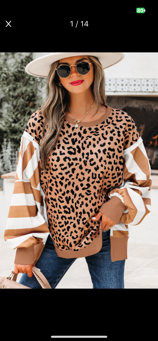 Khaki Leopard Striped Patchwork Sweatshirt