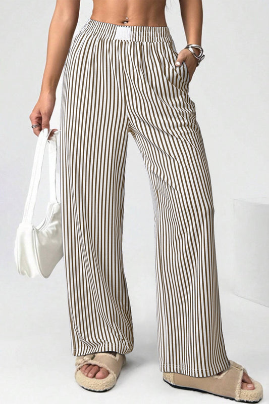 Brown Stripe High Waist Elastic Loose Pants with Pockets | Peachy & Pine Women’s Bottoms