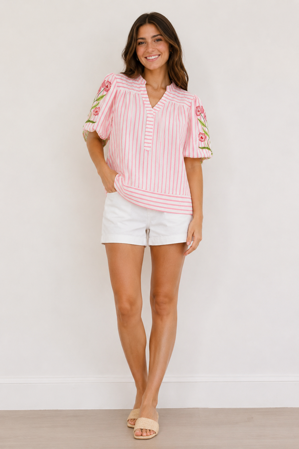 Pink Blossom Embroidered Stripe Blouse