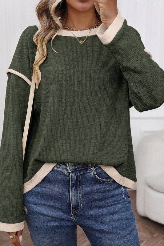 Four Leaf Clover Contrast Trim Knit Drop Shoulder Loose Top