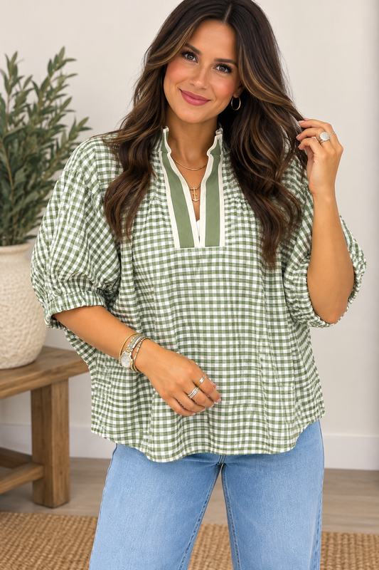 Green Gingham Contrast Trim Top