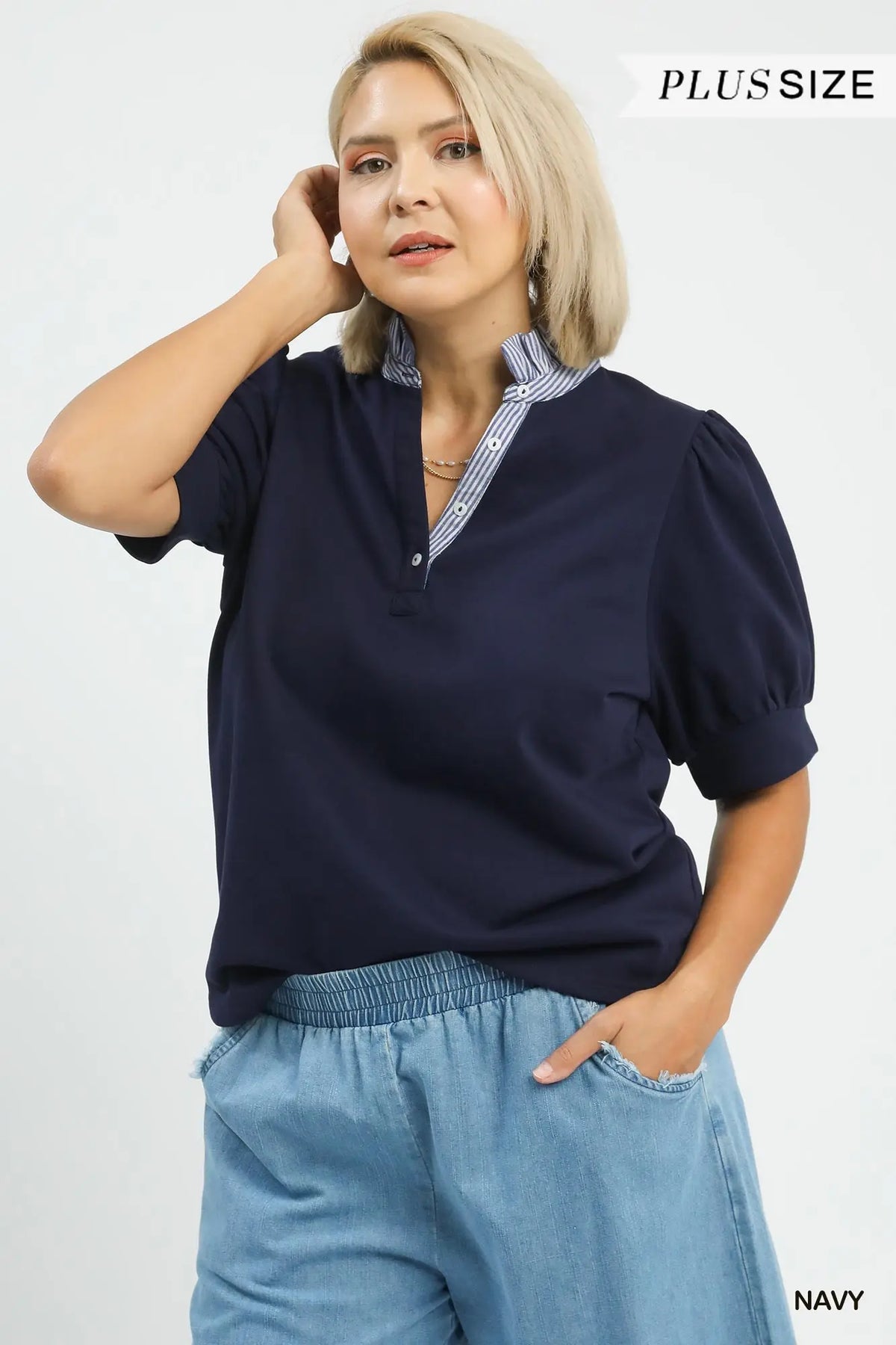 Umgee Navy Striped Collar Popover Top