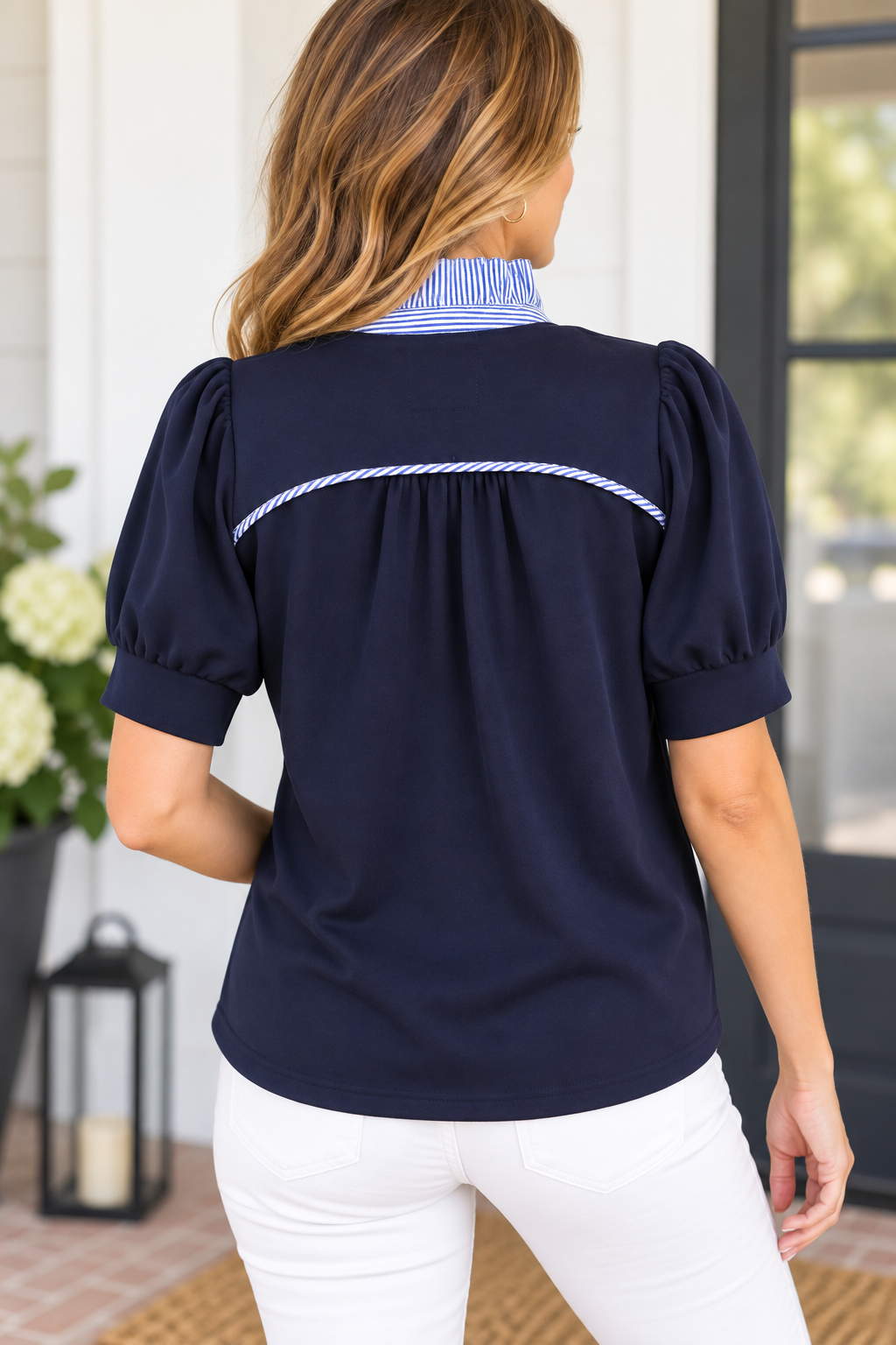 Umgee Navy Striped Collar Popover Top