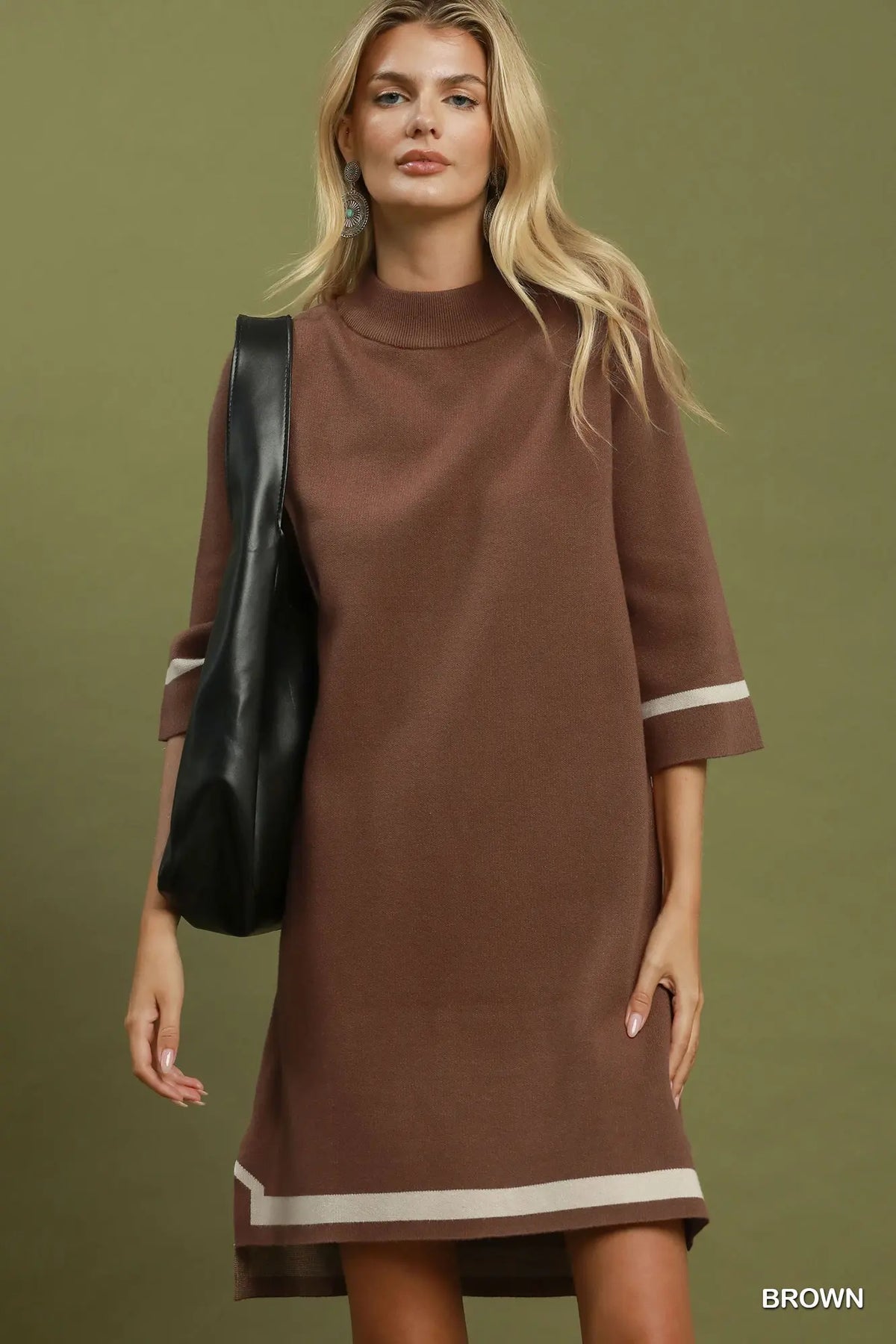 Umgee Brown Mock Neck Contrast Trim Sweater Dress
