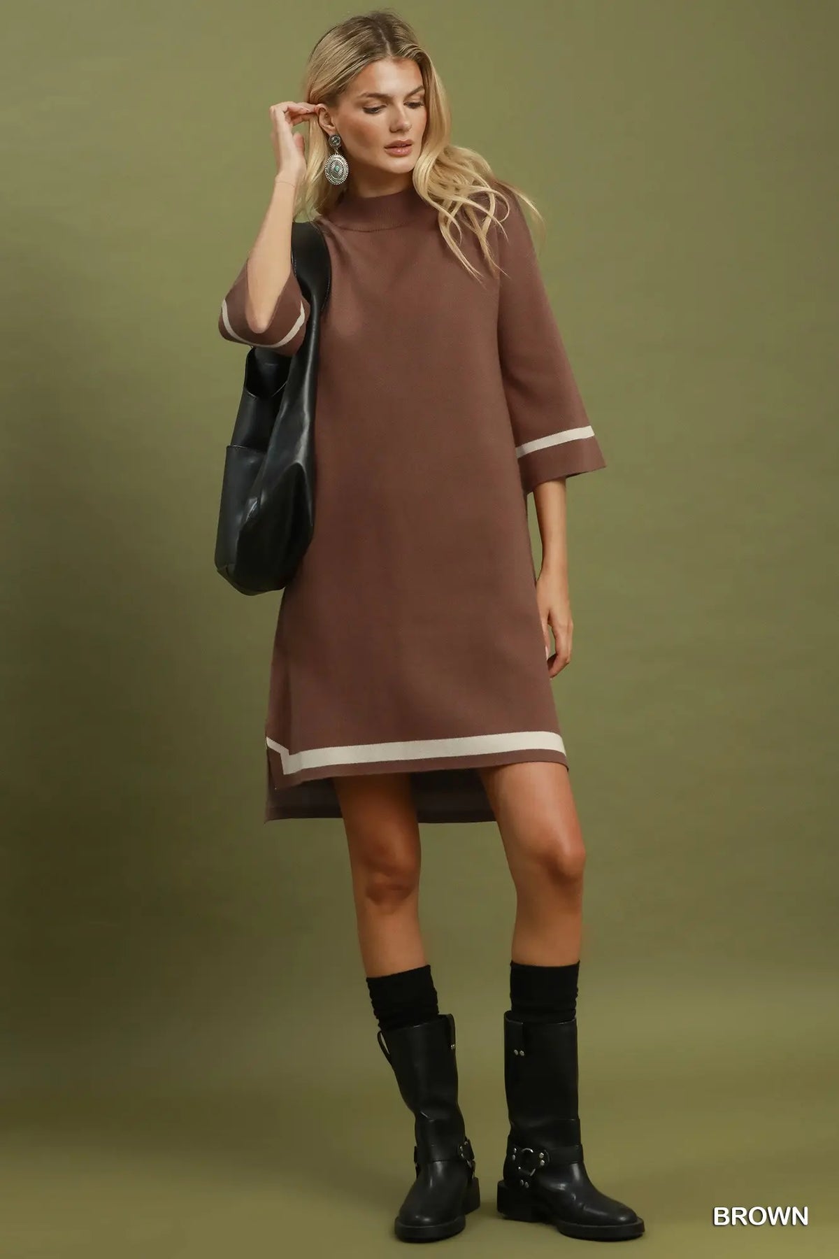 Umgee Brown Mock Neck Contrast Trim Sweater Dress