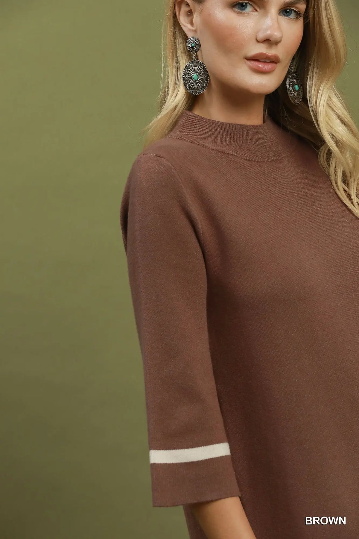 Umgee Brown Mock Neck Contrast Trim Sweater Dress