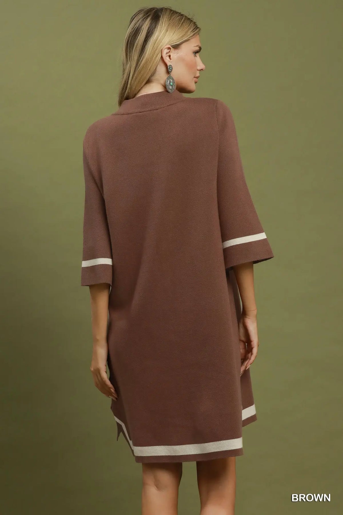 Umgee Brown Mock Neck Contrast Trim Sweater Dress