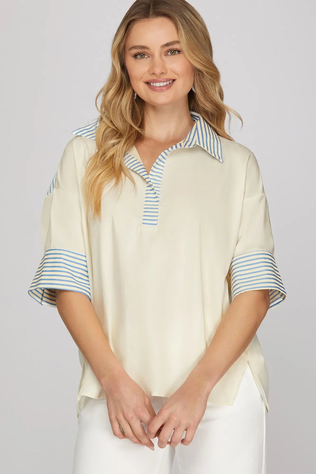 Striped Contrast Oversized Collared Top