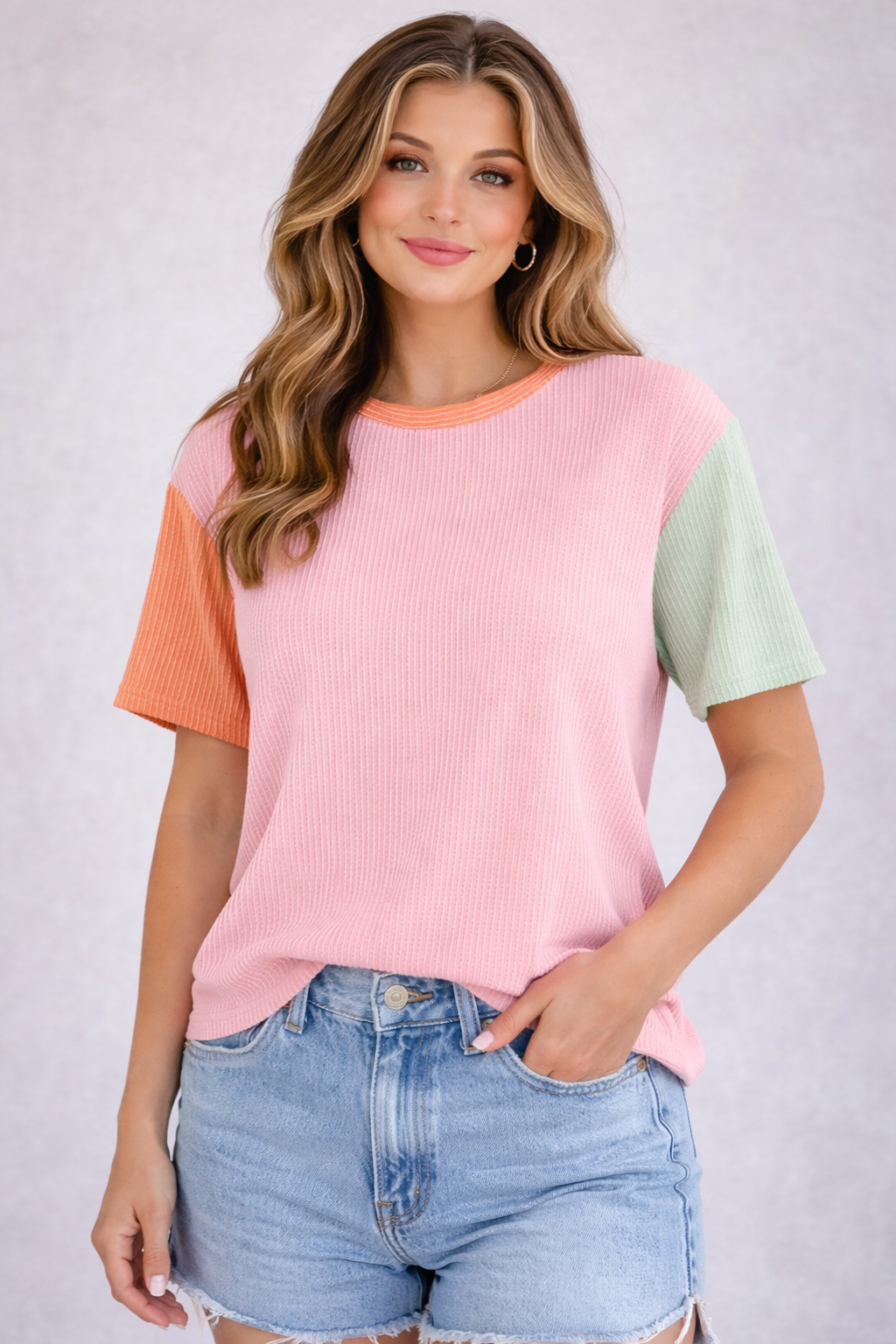 Women’s Ribbed Colorblock Short Sleeve Top – Blush & Sage