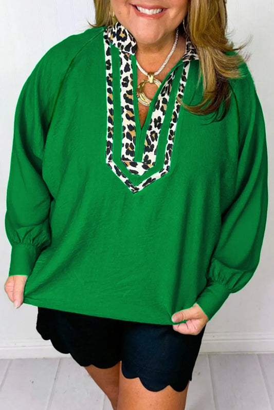 Green Plus Size Leopard Trim Blouse