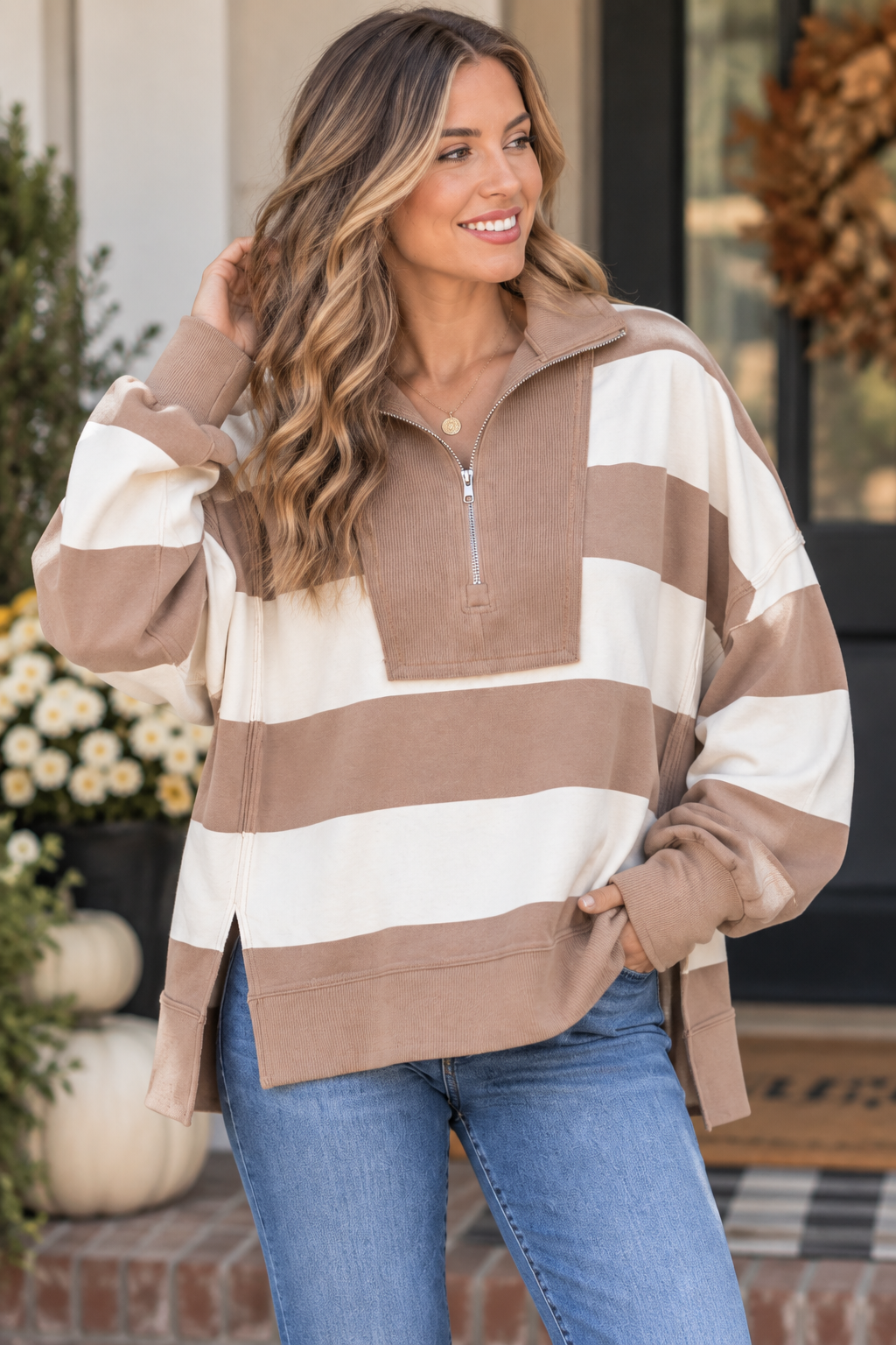 Peach Love Mocha Stripe Quarter Zip Pullover