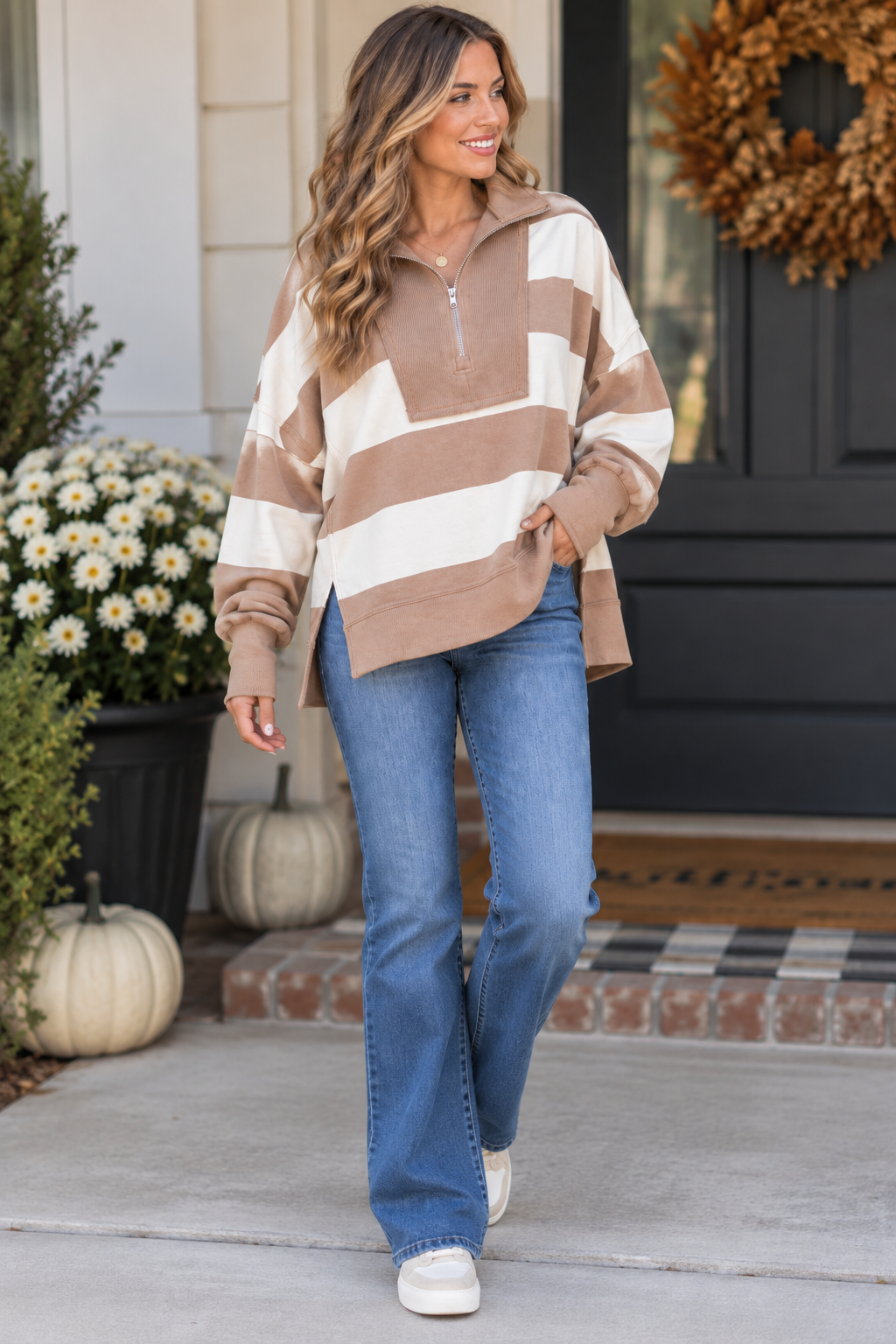 Peach Love Mocha Stripe Quarter Zip Pullover