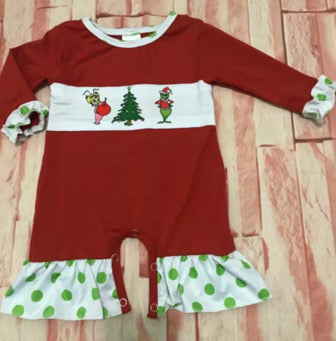 Grinch Polka Dot Romper