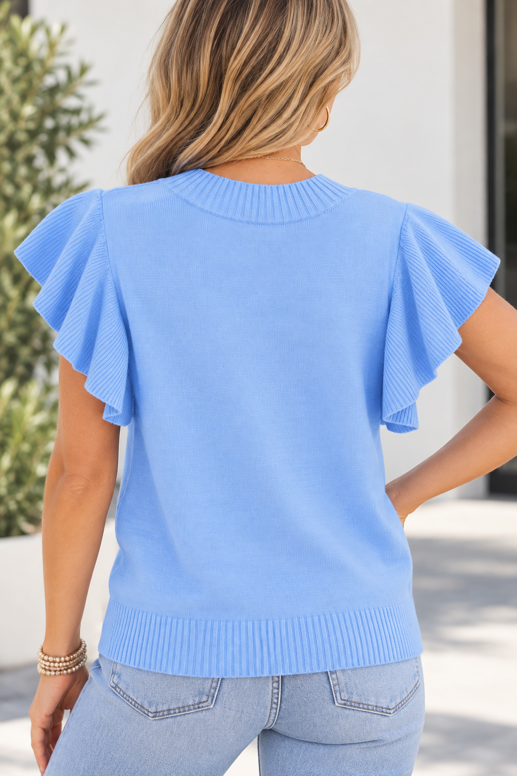 Blue Ruffle Sleeve Knit Top