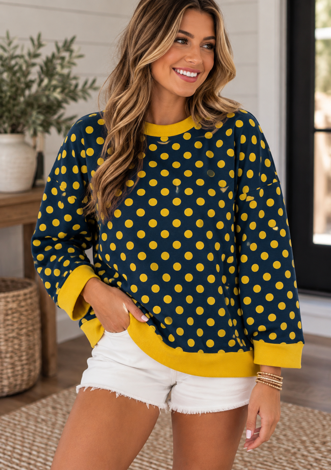 Navy & Mustard Polka Dot 3/4 Sweater