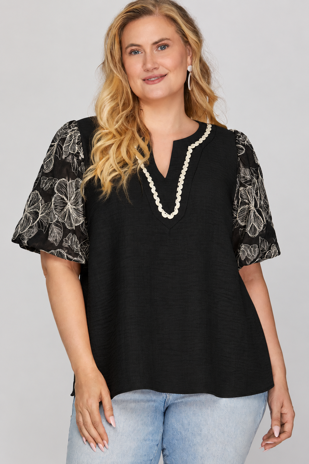 She + Sky Black Embroidered Puff Sleeve Woven Top Plus