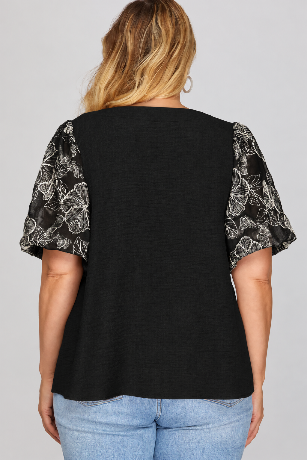 She + Sky Black Embroidered Puff Sleeve Woven Top Plus