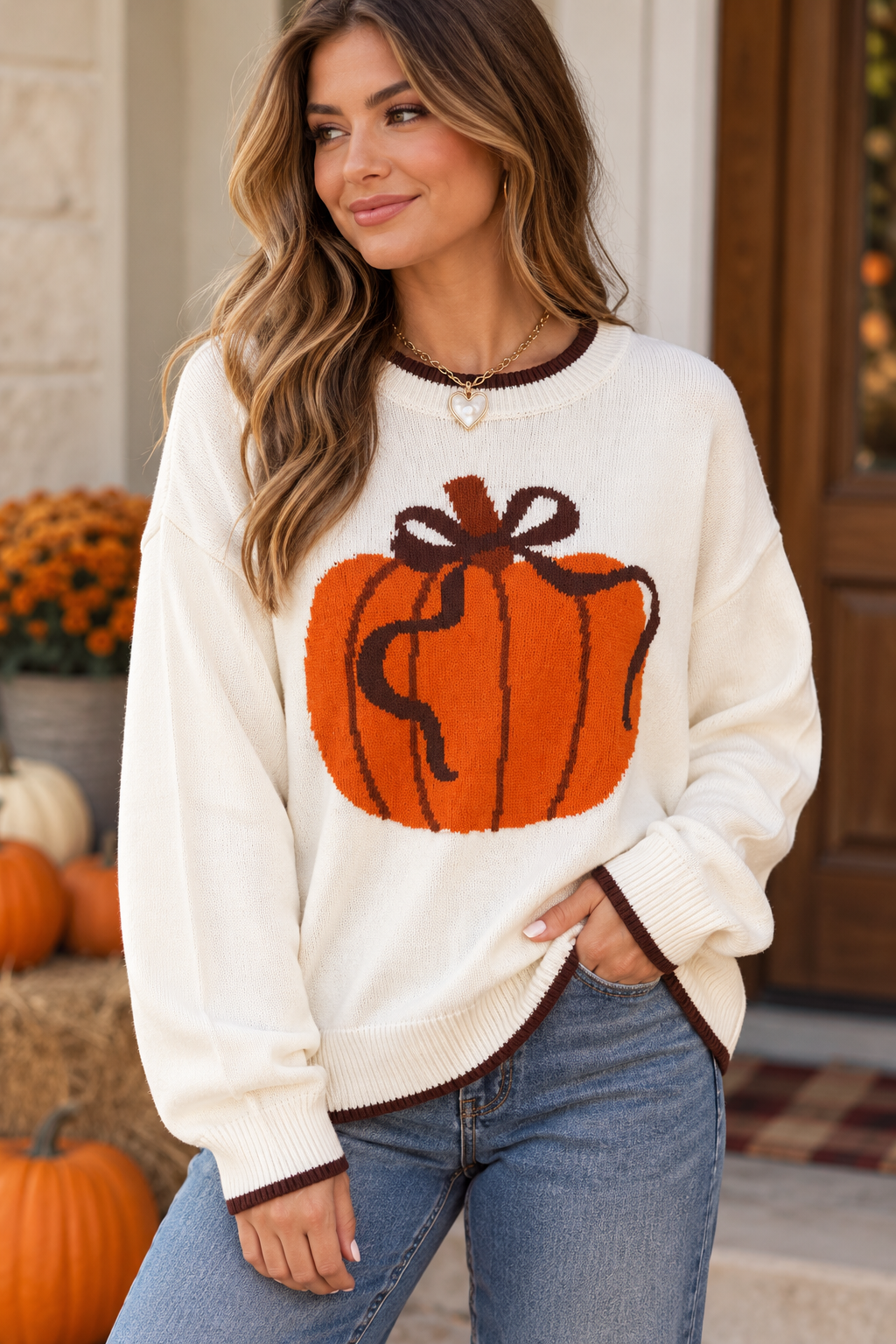 Fall Chocolate Trim Pumpkin Bow Knit Sweater