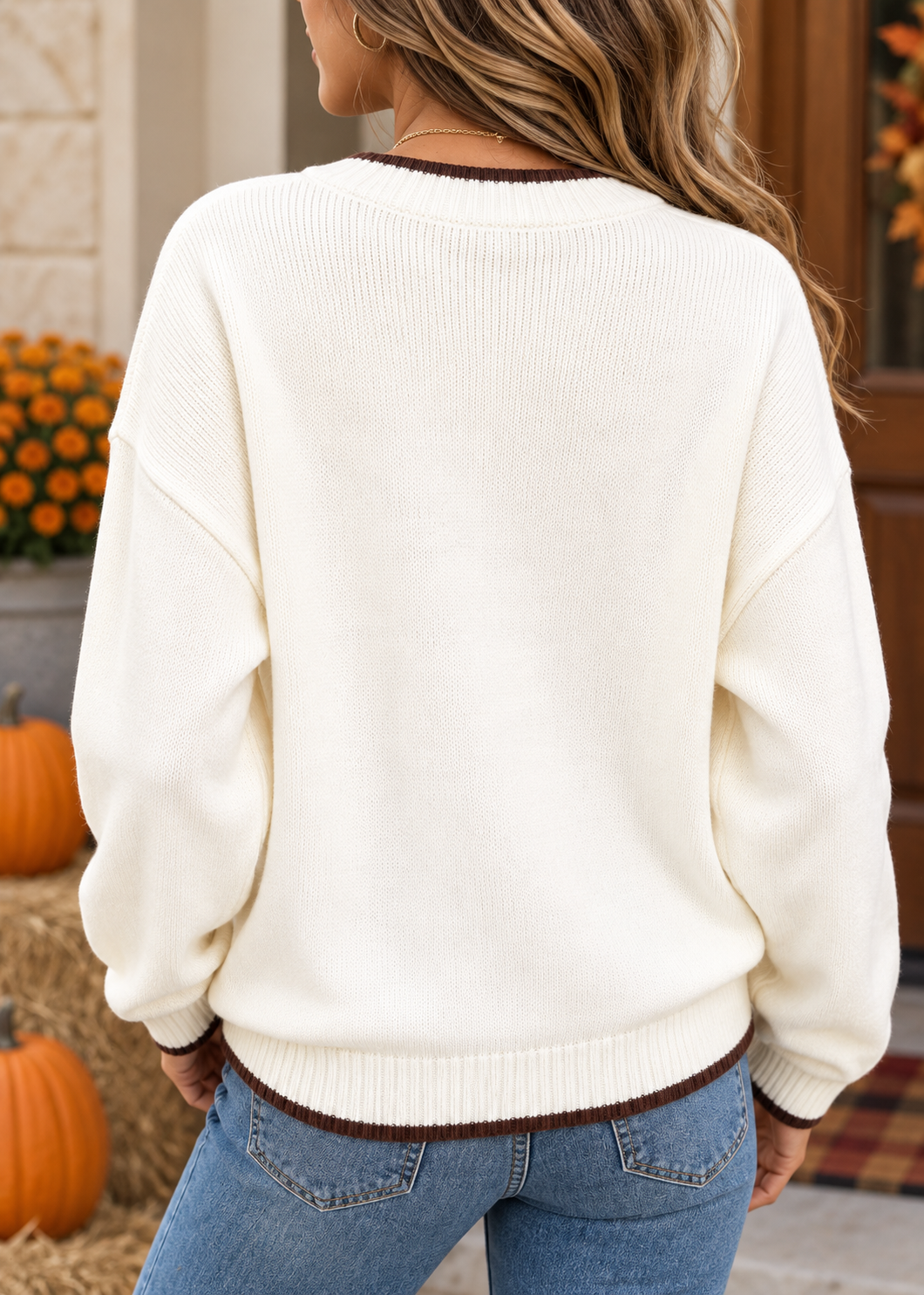 Fall Chocolate Trim Pumpkin Bow Knit Sweater