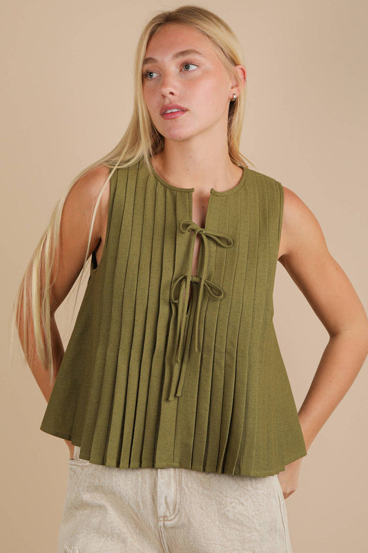 Olive Linen Blend Pleated Tank by NewIn